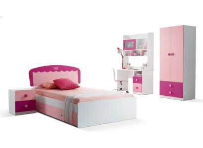 Juego de mesa, cama, armario, cómoda, conjunto de 4 piezas para habitación juvenil o infantil.