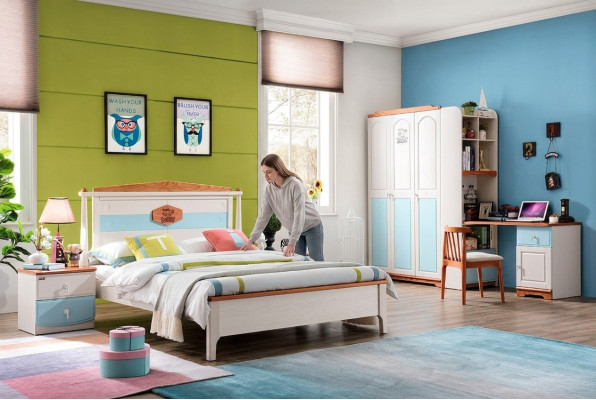 Conjunto de habitación juvenil completo para niños: cama, armario, cómoda, 5 piezas en madera maciza.