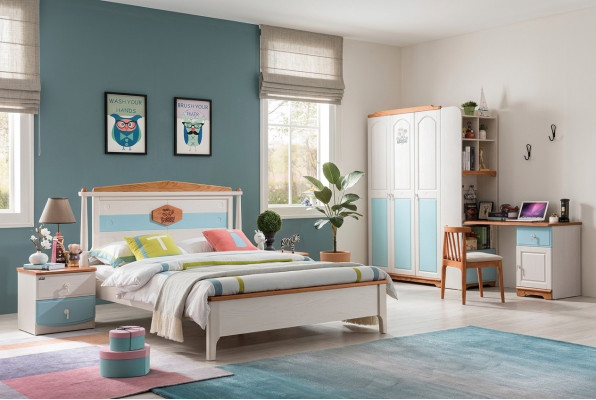Conjunto de habitación juvenil completo para niños: cama, armario, cómoda, 5 piezas en madera maciza.