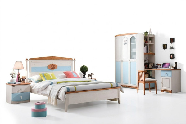 Conjunto de habitación juvenil completo para niños: cama, armario, cómoda, 5 piezas en madera maciza.