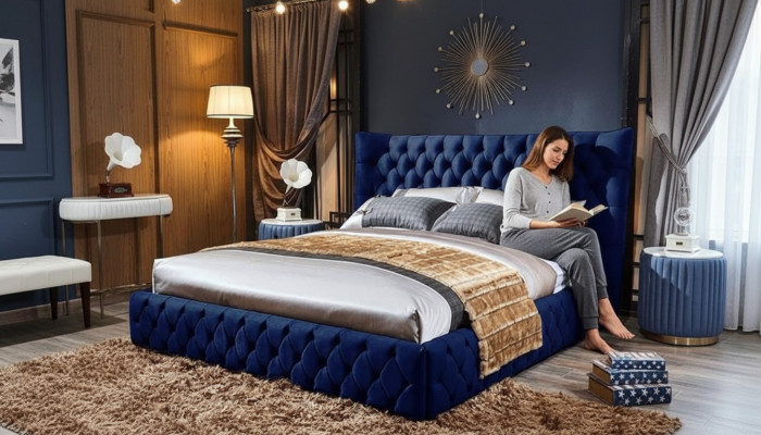 Camas Chesterfield Desi180x200gn Cama doble Muebles Tapicería Textil Azul Cama Nueva