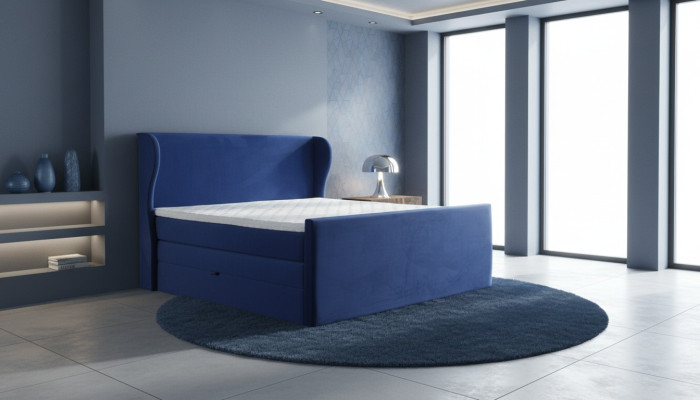 Cama doble de diseñador en estilo moderno con elementos minimalistas.