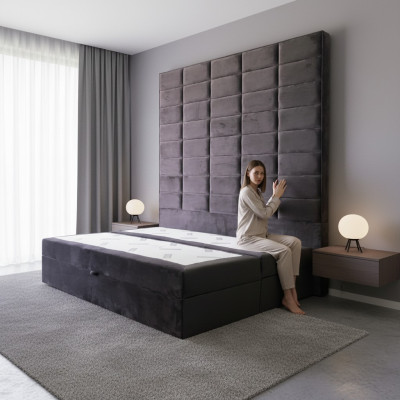 Cama tapizada doble marrón de 180x200 cm de lujo, diseño de muebles nuevos con panel de pared.