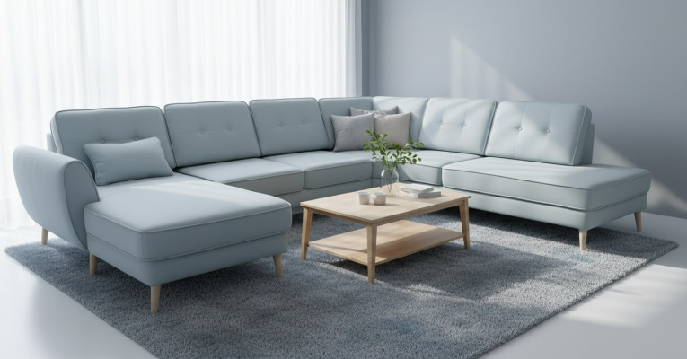 Muebles de sala de estar, sofá esquinero, sofá de tela, sofá de diseño, sofás esquineros en forma de U, tapicería moderna.