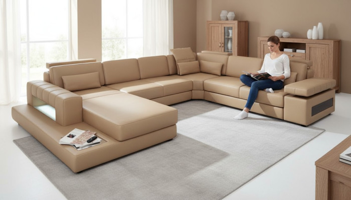 Conjunto de salón en forma de U, diseño moderno, sofá, sofá esquinero de cuero acolchado, nuevo.