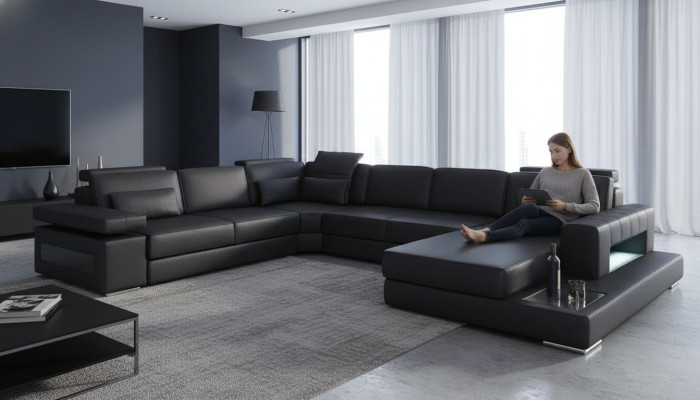Sofá en forma de U de cuero con función de cama y diseño de sofás textiles.