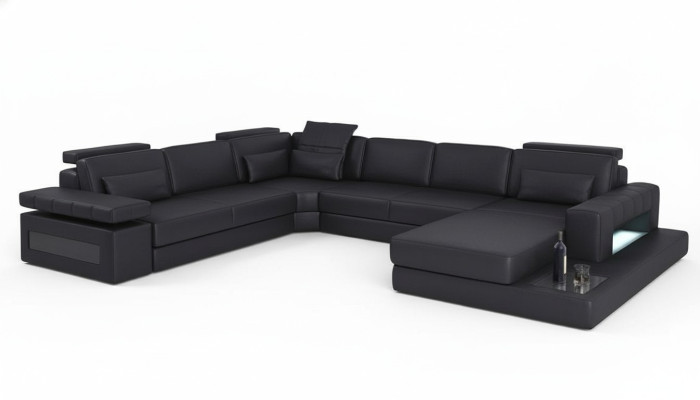 Sofá en forma de U de cuero con función de cama y diseño de sofás textiles.