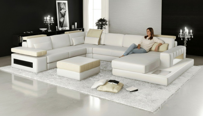 Gran sofá en forma de U esquinero, sofá, diván acolchado de cuero y tela para el salón.