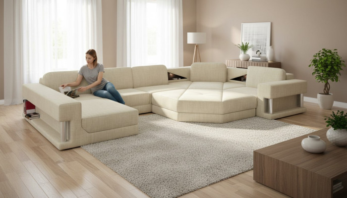Diseño de sofá de esquina en tela. Sofás modernos en forma de U. Conjunto de salón esquinero tapizado. Muebles nuevos.