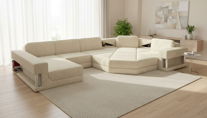 Diseño de sofá de esquina en tela. Sofás modernos en forma de U. Conjunto de salón esquinero tapizado. Muebles nuevos.