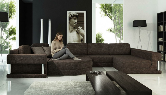 Salón en forma de U con función de cama, tela de tela, sofá de esquina grande, sofá, tapizado, sofá.