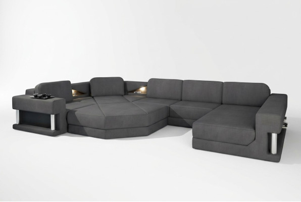 Sofá de diseño tapizado en tela moderna con función de cama en forma de U.