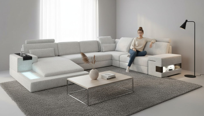 Sofá en forma de U con esquinero, tapizado en textil, diseño de muebles nuevo.