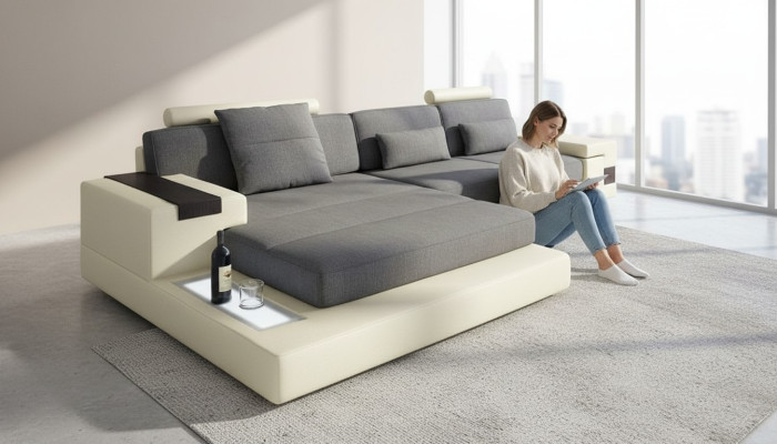 Sofá de lujo esquinero para la sala de estar en forma de L de diseño moderno en tela textil.