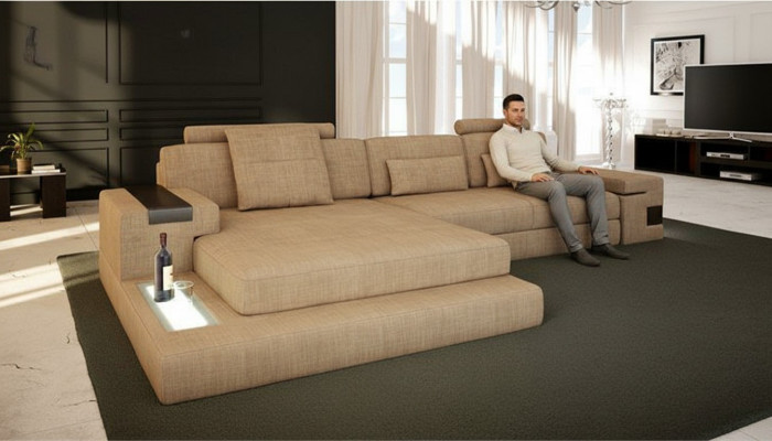 Diseño Sofá Moderno Tela Marrón Sofá esquinero Forma de L Sofá Chaise longue Esquina Nuevo