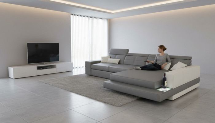 XXL sofá esquinero de cuero, paisaje de sala, diseño moderno, sofá en forma de L.