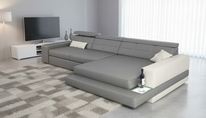 XXL sofá esquinero de cuero, paisaje de sala, diseño moderno, sofá en forma de L.