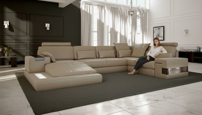 Sofá de diseño en forma de U de cuero para vivienda con función de cama Textil Sofás