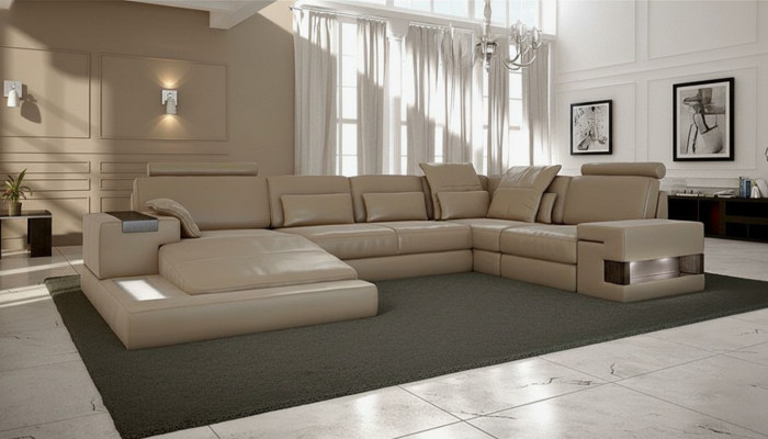 Sofá de diseño en forma de U de cuero para vivienda con función de cama Textil Sofás