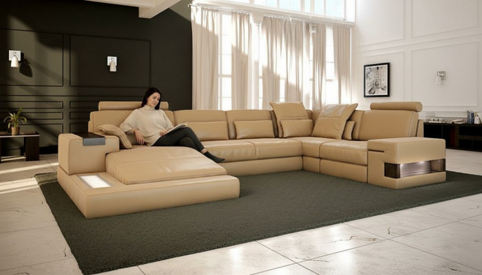Diseño de sofá de esquina en forma de U de tela de cuero moderno con función de cama acolchado.