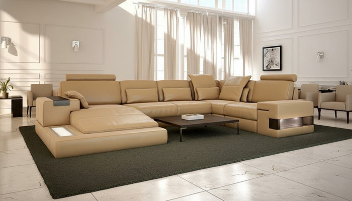 Diseño de sofá de esquina en forma de U de tela de cuero moderno con función de cama acolchado.