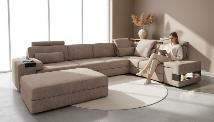 Conjunto de sofás en forma de L, diseño de sofá de textiles modernos, nuevos.