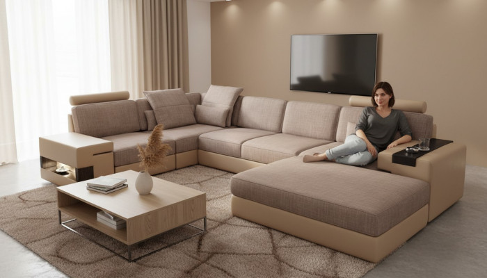 Sofá de esquina de cuero para la sala de estar de madera con área de taburete moderno en forma de L NUEVO conjunto