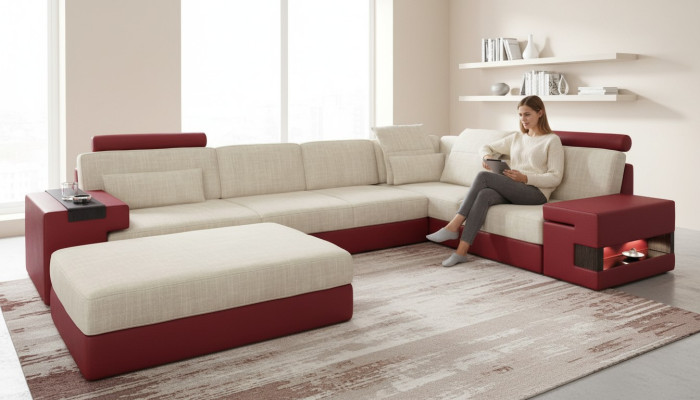 Juego de sofá moderno de esquina en forma de L con sofás tapizados, sofá y taburete muebles de sala.