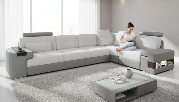Diseño de sofá moderno en forma de L Sofás Gris NUEVO Sofá Esquina de Cuero para Sala de Estar