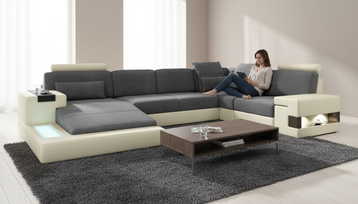 Sofá de diseño para sala de estar con tapizado de cuero/tela, asientos, moderno sofá en forma de U.