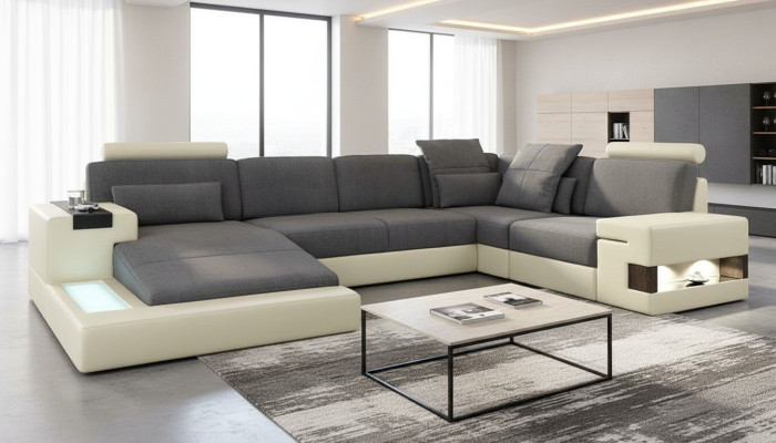 Sofá de diseño para sala de estar con tapizado de cuero/tela, asientos, moderno sofá en forma de U.