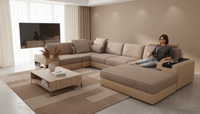 Moderno conjunto de sofá de esquina en forma de L con asientos acolchonados, sofá en forma de paisaje para sala de estar, taburete, muebles.