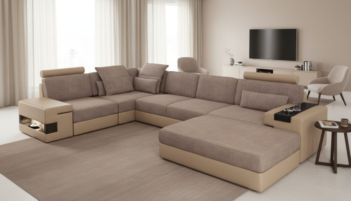 Moderno conjunto de sofá de esquina en forma de L con asientos acolchonados, sofá en forma de paisaje para sala de estar, taburete, muebles.