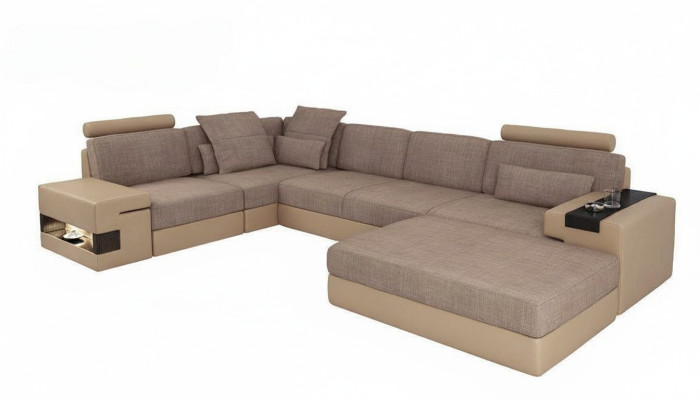 Moderno conjunto de sofá de esquina en forma de L con asientos acolchonados, sofá en forma de paisaje para sala de estar, taburete, muebles.