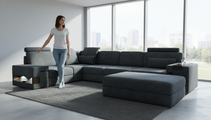 Sofá de diseño esquina con taburete, muebles tapizados para sala de estar, forma de L, moderno y lujoso.