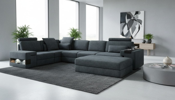Sofá de diseño esquina con taburete, muebles tapizados para sala de estar, forma de L, moderno y lujoso.
