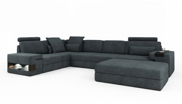 Sofá de diseño esquina con taburete, muebles tapizados para sala de estar, forma de L, moderno y lujoso.