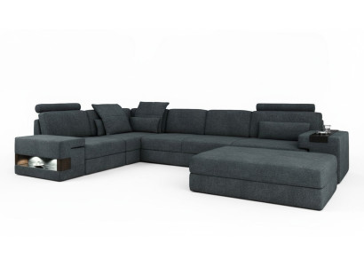 Sofá de diseño esquina con taburete, muebles tapizados para sala de estar, forma de L, moderno y lujoso.