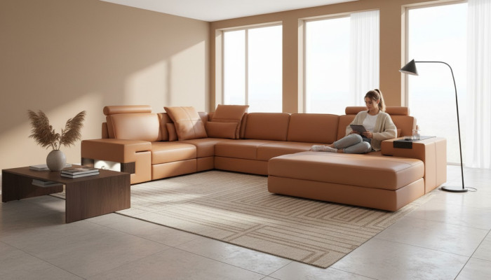 Sofá de lujo moderno en forma de L con esquina acolchada de cuero, muebles de cuero, sofá de cuero