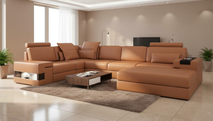 Sofá de lujo moderno en forma de L con esquina acolchada de cuero, muebles de cuero, sofá de cuero