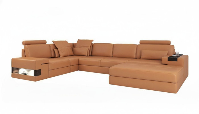 Sofá de lujo moderno en forma de L con esquina acolchada de cuero, muebles de cuero, sofá de cuero
