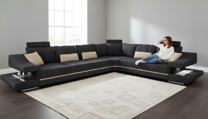 Textil para sala de estar, sofá negro, sofás en forma de L, color de asiento, sofá esquinero, sofá, muebles tapizados.