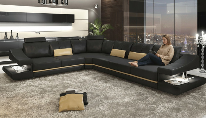 Sala de estar Textil Sofás en forma de L Negro NUEVO Sofá esquinero Mueble tapizado