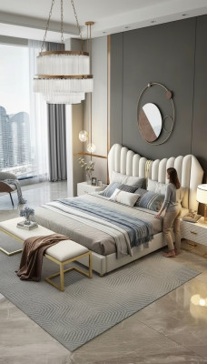 Modernos muebles de lujo tapizados en cuero y tela. Cama de dormitorio de alta calidad.
