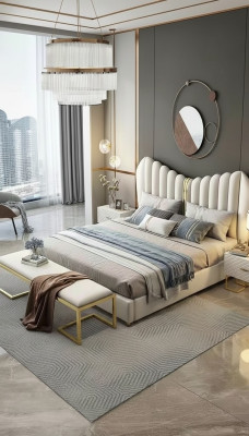 Modernos muebles de lujo tapizados en cuero y tela. Cama de dormitorio de alta calidad.