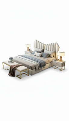 Modernos muebles de lujo tapizados en cuero y tela. Cama de dormitorio de alta calidad.
