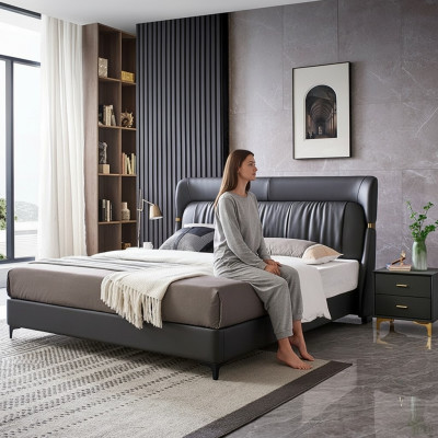 Cama de lujo dormitorio cuero acolchado decoración camas dobles diseño metálico