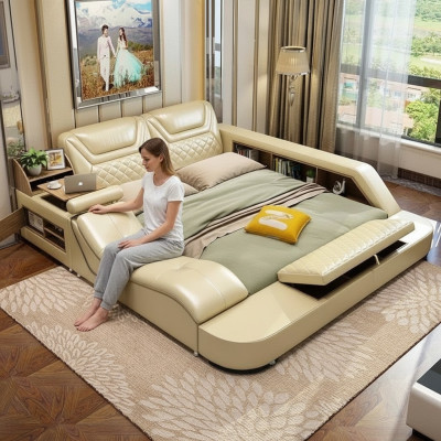 Cama multifunción con estantería, armario y USB, estación de carga de cama doble 180x200