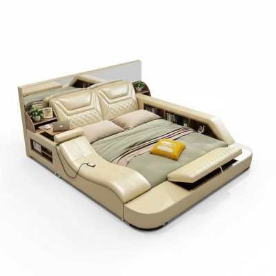 Cama multifunción con estantería, armario y USB, estación de carga de cama doble 180x200