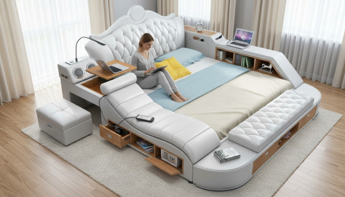 Chesterfield cama doble de diseño de lujo, camas tapizadas 180x200 multifunción